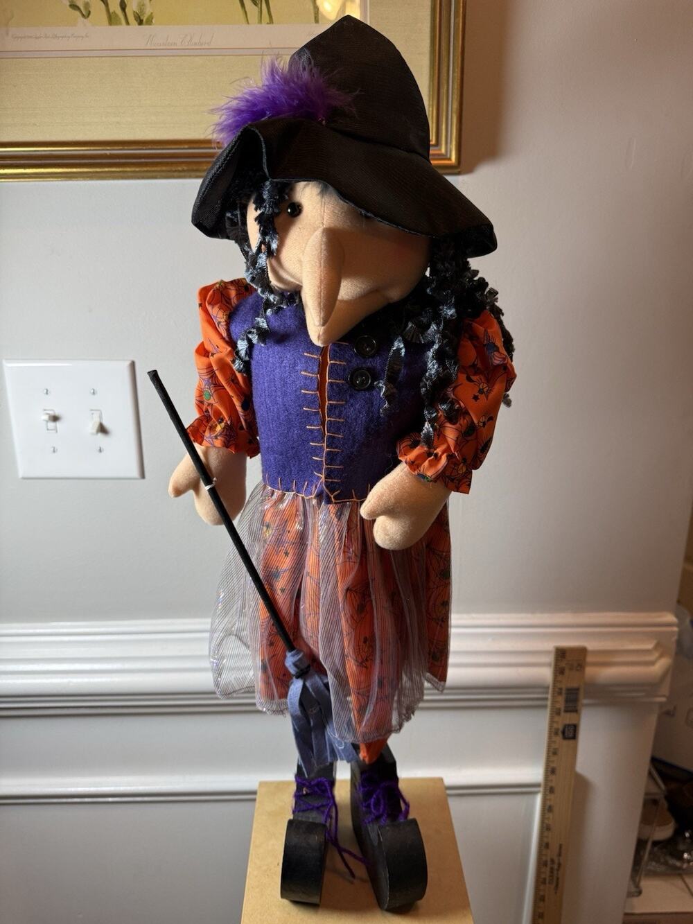 Large 24” Halloween Witch Doll Standing Figure Broom Purple Orange Decor